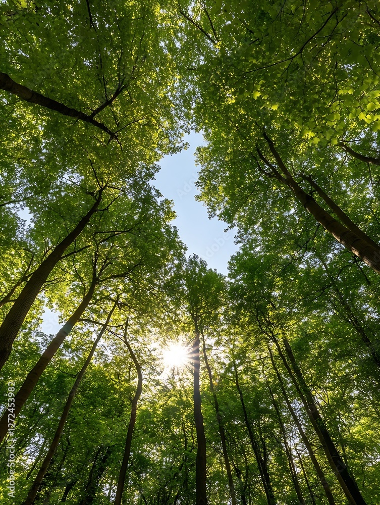 Aufkleber lush green tree canopy with sunlight filtering through leaves in a beautiful natural forest setting 