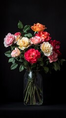 Fototapeta premium A vibrant bouquet of assorted roses in a glass vase against a dark background