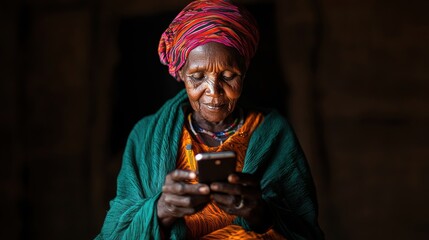 Close up portrait of a contemplative tech savvy senior citizen using a smartphone with a thoughtful focused expression