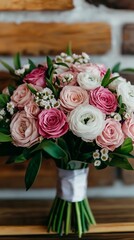 A vibrant bouquet of pink and white roses arranged beautifully against a rustic brick wall