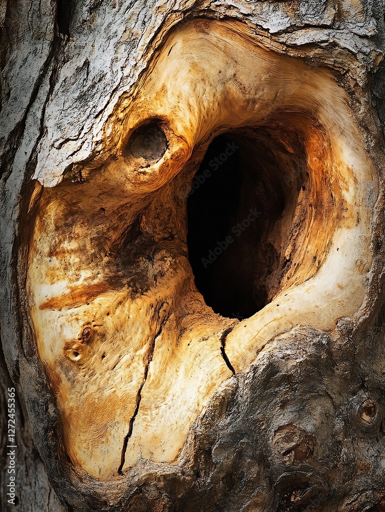 Poster Intricate Hollow in a Textured Tree Trunk Showcasing Nature's Unique Patterns and Colors : Generative AI