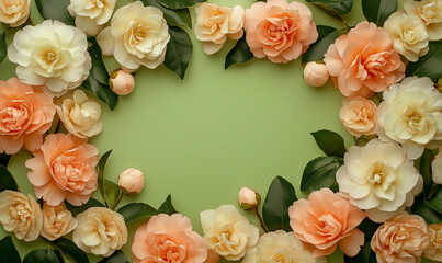 Fresh Elegant Stock Photo Featuring A Frame Of Peach And White Camellias In A Beautiful Arrangement