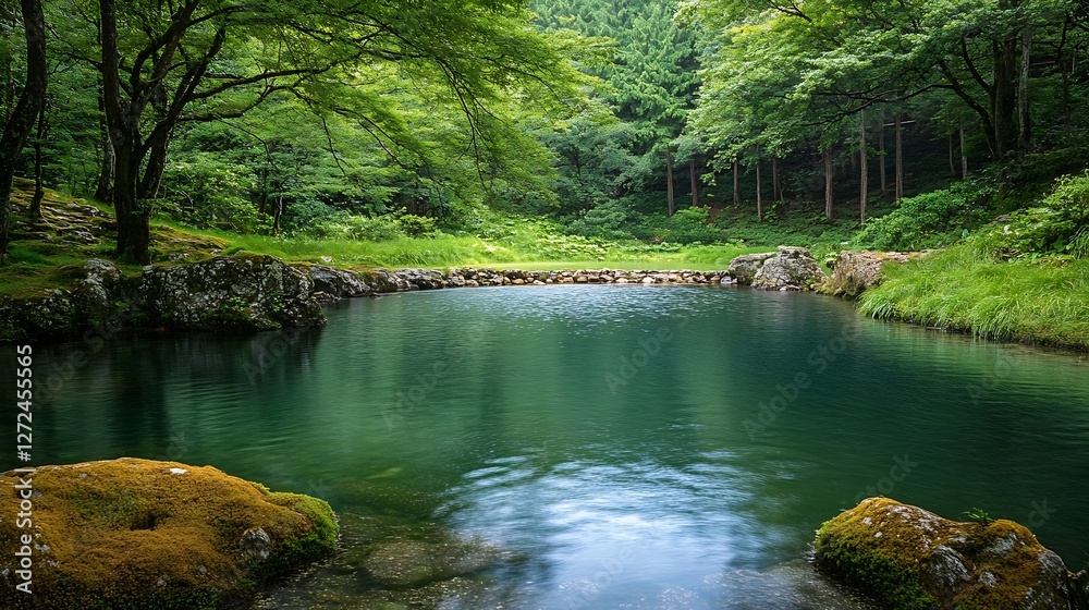 Aufkleber serene forest pond surrounded by verdant trees and calm waters : generative ai