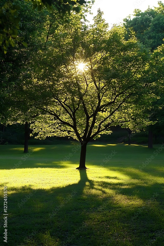 Poster Sunlight Filtering Through A Lush Tree Creating A Peaceful Atmosphere In A Park Setting : Generative AI