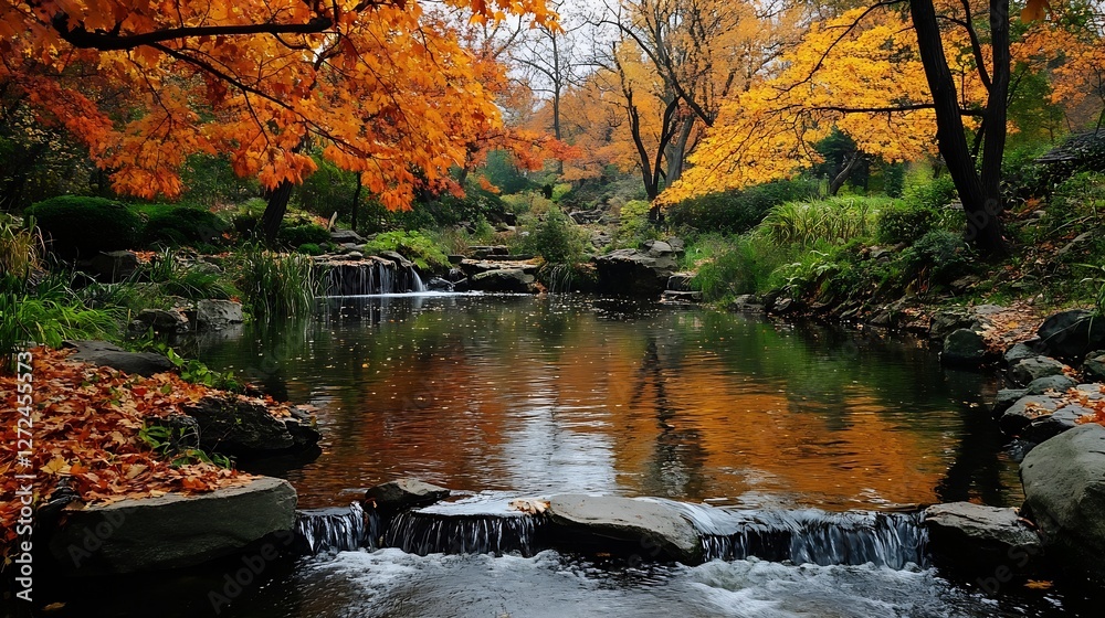 Poster beautiful autumn landscape with colorful leaves reflecting in a calm pond : generative ai