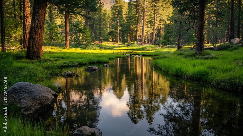 Poster idyllic forest stream flowing through lush green meadows in a serene landscape : generative ai