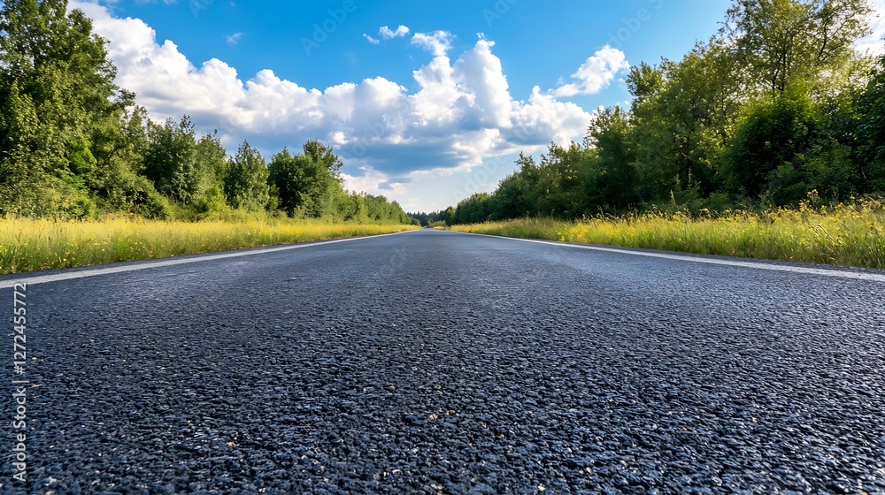 Aufkleber wide angle view of an open road stretching through lush greenery under a bright blue sky and clouds 