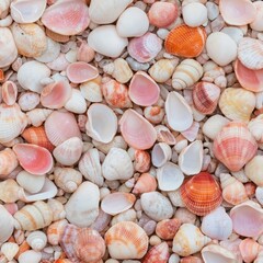 A vibrant collection of seashells in various shapes and colors on a beach