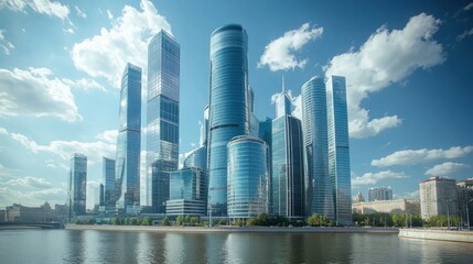Obraz premium Modern cityscape with skyscrapers reflecting sunlight on a waterfront.