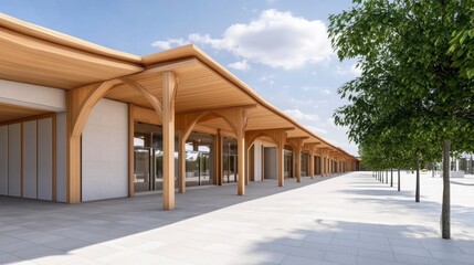 Minimalist Covered Market Design with Wooden Structure and Natural Light On Sunny Day