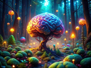 Obraz premium Eerie creatures haunt a mystical forest, their glowing minds a beacon in the dark fantasy, sharply focused.