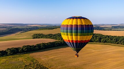 Fototapeta premium A vibrant hot air balloon soaring over lush green fields and golden crops at sunset