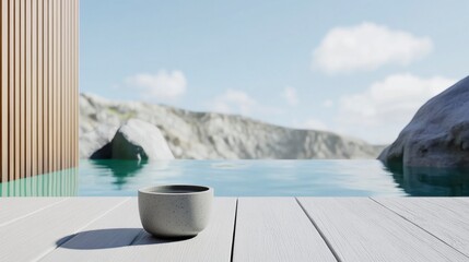 Minimalist Hot Spring Overlook with Stone Mountains Blue Sky and Natural Wood Accent