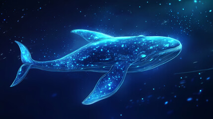 Fototapeta premium Luminous whale swimming through glowing digital ocean. Otherworldly Luminous Creatures. Illustration