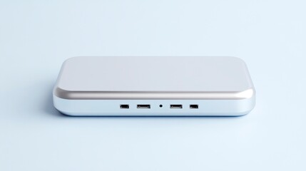 Minimalist Network Switch Design on Light Blue Background with Silver Trim