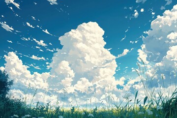 Fototapeta premium Serene landscape with fluffy clouds over a vibrant green field. Ideal for websites, blogs, and projects needing a peaceful, dreamy atmosphere.