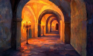 Obraz premium Warm and Inviting Interior of an Arched Corridor with Candlelight
