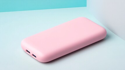 Minimalist Pink Power Bank on Light Blue Surface in a Bright Studio Setting