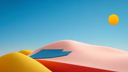 Minimalist Solar Panel on Colorful Desert Hills under a Bright Sun