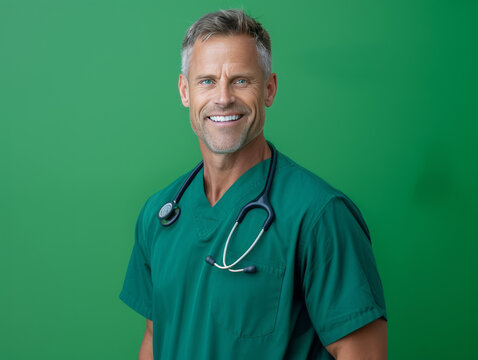 Confident Medical Professional: A friendly and competent medical professional, stands before a vibrant backdrop. His warm smile and relaxed posture conveys trust and reassurance.