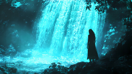 Fototapeta premium Woman silhouetted against magical underwater waterfall. Otherworldly Luminous Creatures. Illustration