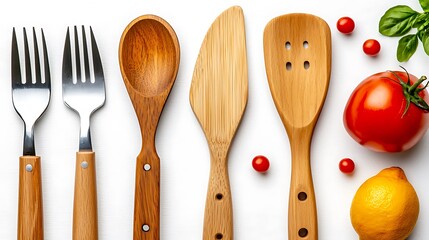 Kitchen Utensils with Vegetables on a White Background for Cooking