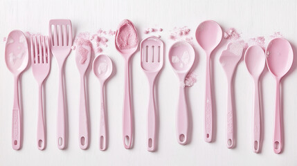 Soft pink measuring spoons and spatulas framed inspire creative culinary presentations and stylish kitchen decor