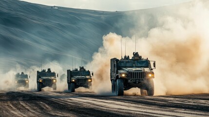 Naklejka premium Dramatic Formation of Military Vehicles Moving Through Dusty Landscape