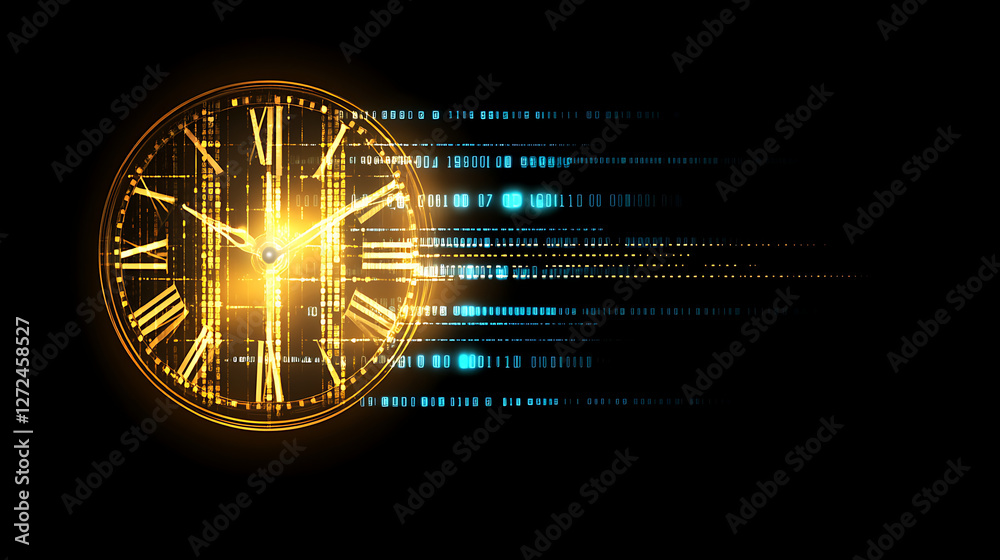 Poster time tunnel clock visualization with digital data streams and luminous glow effect on black backgrou