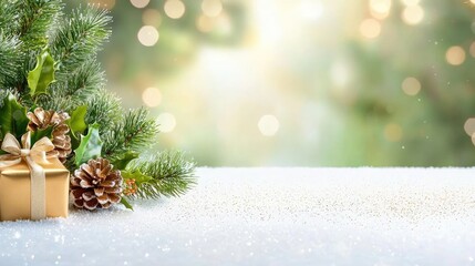 Festive gold gift on snowy surface, winter bokeh background, Christmas card design