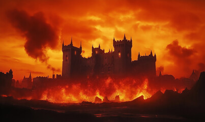 Obraz premium Majestic medieval castle under siege, enveloped by fierce fiery battles and dramatic historical warfare intensity