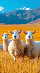 Fototapeta premium Three White Sheep in a Golden Field with Mountain Background