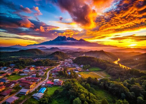 Majestic Mount Kinabalu Silhouette: Aerial Drone View of Tuaran District