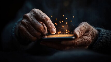 Close up of an elderly hand interacting with a smartphone creating sparks of innovation digital connection and the blend of wisdom and technological progress