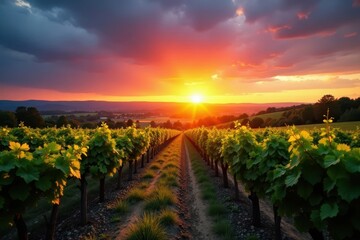Fototapeta premium Dramatic sunset casts long shadows across vibrant vineyards , scenic, vista