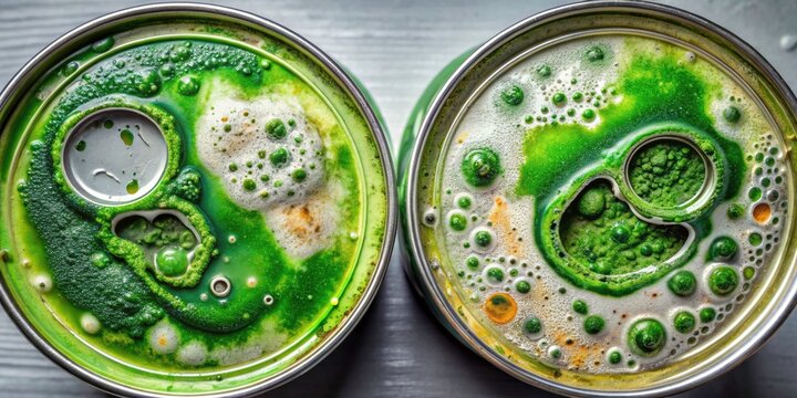 From above, a scene of neglect: moldy cans fester beneath a thick, slimy, green aerial blanket.