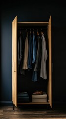 Dramatic Minimalist Wardrobe Shot With Hanging Clothes and Accessories