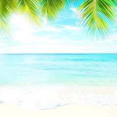 Fototapeta premium Tropical Beach Paradise With Palm Fronds Azure Ocean White Sand and Gentle Waves Relaxing Vibe.
