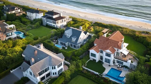 Beautiful coastal residences are showcased along the serene shoreline, featuring stunning architecture and well-kept yards