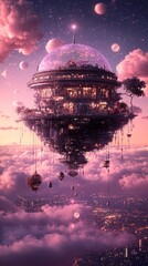 Obraz premium Celestial City A Floating Metropolis Above Clouds And Stars