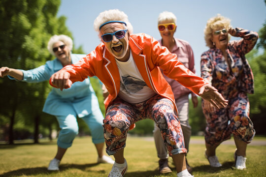 group of elderly people doing sports in the park, ,.  Generative AI