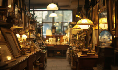 Charming Antique Store Bathed in Warm Vintage Lighting, Evoking Nostalgic Memories and Timeless Collectible Elegance