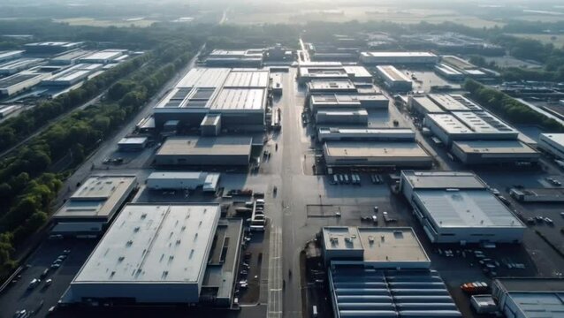 Aerial view of a large industrial warehouse complex in the morning light. Logistics and supply chain concept