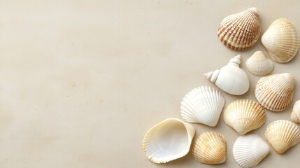 Obraz premium Assorted seashells arranged on a sandy surface, evoking a beach atmosphere