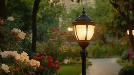 The CS Post Top Light illuminating a garden pathway with its classic and charming glow. No people, no text.