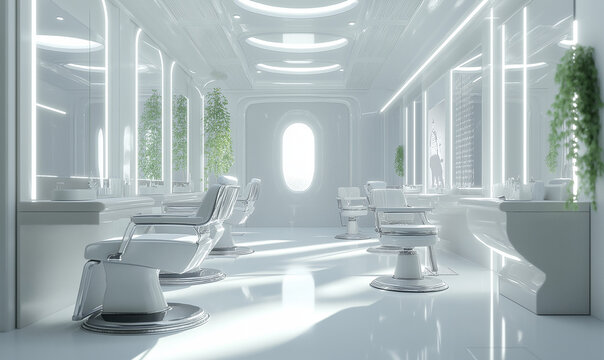 Modern barbershop interior showcasing bright white lighting and clean-cut design for a sophisticated grooming experience