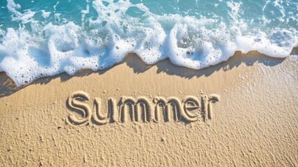 Fototapeta premium The word Summer etched into the soft sand, blue waves washing over it, highlighting the peacefulness and warmth of a beach holiday. No people no text