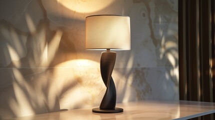 A designer table lamp with a sculpted base and silk shade, emphasizing its sophisticated form and soft illumination.