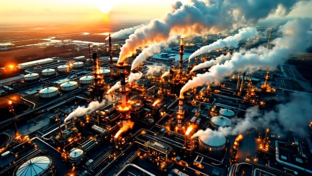 Oil refinery with smokestacks releasing pollution and fire at sunset. Energy concept