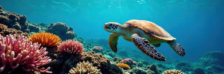 Obraz premium Graceful sea turtle amidst vibrant coral, stunning blue ocean, wildlife photography, water, tropical